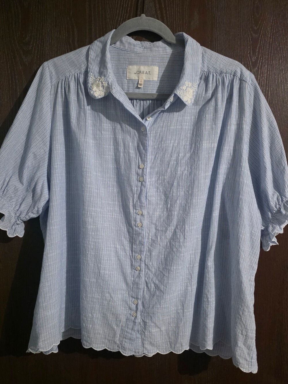 THE GREAT. Pale Blue Pinstripe Cotton Button-Up Blouse with Lace Collar